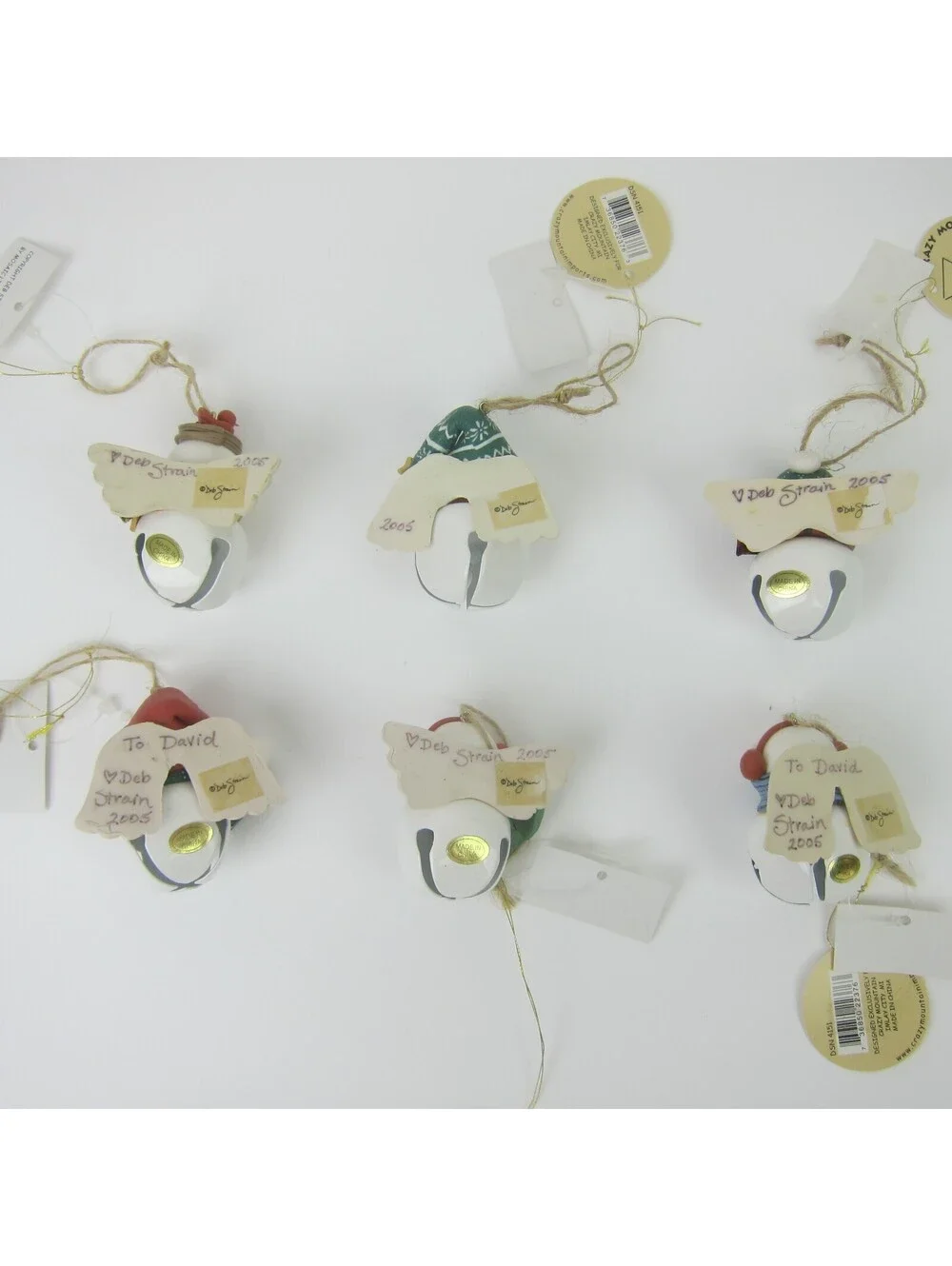 Vintage Snowman Bell Christmas Ornaments Lot of 6 Deb Strain Artist Signed 2005